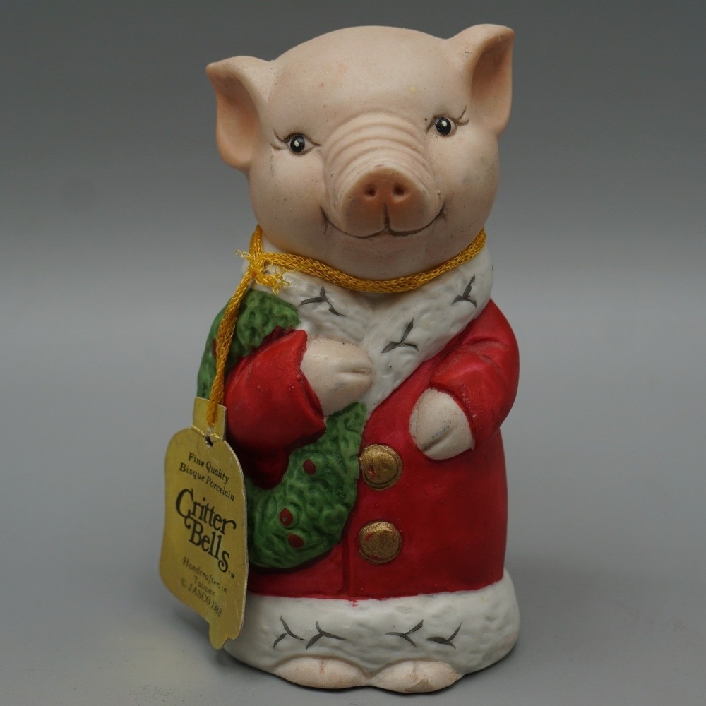 Vintage 1980 Jasco Critter Bells Porcelain‎ Pig Christmas Wreath Figurine Bell